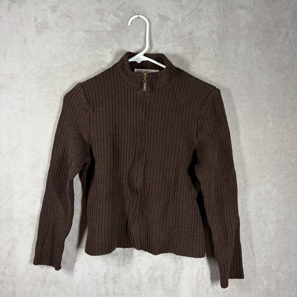 Vintage St. John Collection Ribbed Zip Up Sweater Size 6 Fitted Y2K Mock Neck
